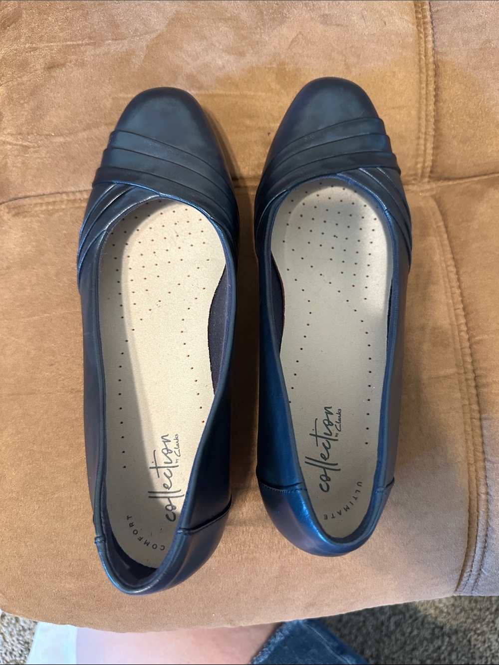 Clarks Navy Slip-On Pleated Leather Flats